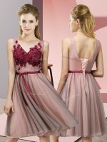 Luxurious Baby Pink Empire Tulle V-neck Sleeveless Appliques Knee Length Lace Up Vestidos de Damas