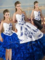 Inexpensive Sweetheart Sleeveless 15 Quinceanera Dress Floor Length Embroidery and Ruffles Blue And White Satin and Organza(SKU XBQD161TZA1ABIZ)