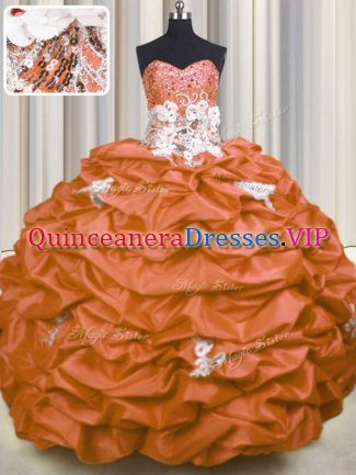 Clearance Orange Red Ball Gowns Sweetheart Sleeveless Taffeta With Brush Train Lace Up Appliques and Sequins and Pick Ups Casual Dresses