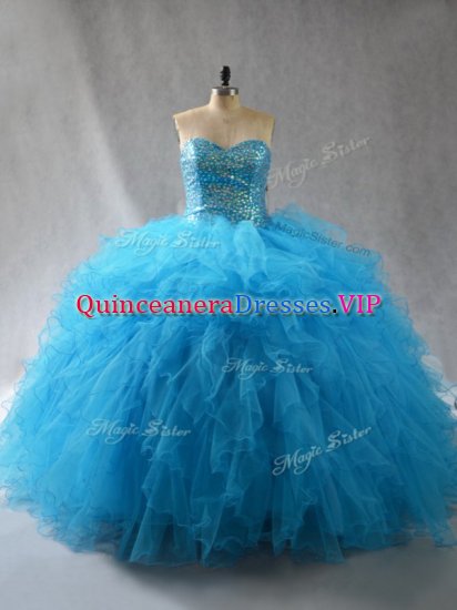 Comfortable Baby Blue Tulle Lace Up Quinceanera Dresses Sleeveless Floor Length Beading and Ruffles - Click Image to Close