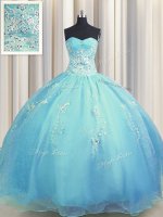 Graceful Zipper Up Baby Blue and Light Blue Organza Zipper Quince Ball Gowns Sleeveless Floor Length Beading and Appliques