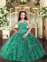 Low Price Dark Green Straps Neckline Beading and Ruffles Pageant Dress Womens Sleeveless Lace Up