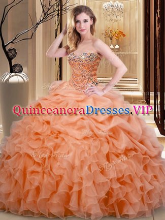 Orange Organza Lace Up Quince Ball Gowns Sleeveless Floor Length Beading and Ruffles and Pick Ups
