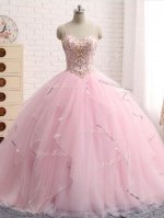 Baby Pink 15th Birthday Dress Military Ball and Sweet 16 and Quinceanera with Beading and Ruffles Spaghetti Straps Sleeveless Brush Train Lace Up