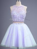 Tulle Scoop Sleeveless Lace Up Beading Vestidos de Damas in Lavender