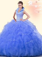 Blue Backless High-neck Beading and Ruffles Quinceanera Gowns Tulle Sleeveless