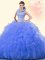 Blue Backless High-neck Beading and Ruffles Quinceanera Gowns Tulle Sleeveless