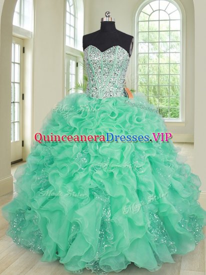 Turquoise Sleeveless Beading and Ruffles Floor Length Quinceanera Gown - Click Image to Close