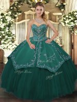 Sexy Sweetheart Sleeveless Quince Ball Gowns Floor Length Beading Teal Taffeta and Tulle