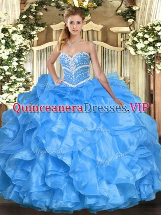 Baby Blue Lace Up Sweet 16 Quinceanera Dress Beading and Ruffles Sleeveless Floor Length