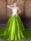 Scoop Sleeveless Elastic Woven Satin With Train Court Train Lace Up Quinceanera Gown in Yellow Green with Lace and Appliques