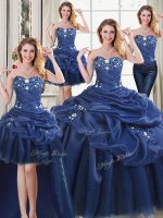Unique Four Piece Navy Blue Organza Lace Up Sweetheart Sleeveless Floor Length Sweet 16 Quinceanera Dress Appliques