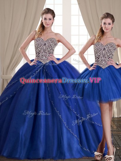Pretty Three Piece Royal Blue Ball Gowns Tulle Sweetheart Sleeveless Beading Floor Length Lace Up Military Ball Dresses For Women - Click Image to Close