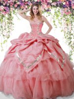 Watermelon Red Ball Gowns Beading and Pick Ups Sweet 16 Dress Lace Up Organza and Taffeta Sleeveless Floor Length
