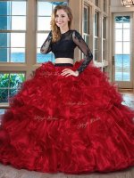 Custom Fit Black and Red Organza Backless Scoop Long Sleeves Floor Length Quinceanera Dress Ruffles(SKU SXQD118BIZ)