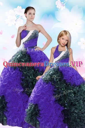 Floor Length Lace Up Sweet 16 Dress Multi-color for Military Ball and Sweet 16 and Quinceanera with Sequins and Pick Ups