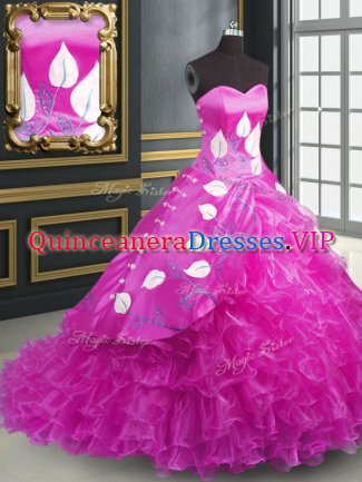 New Arrival Fuchsia Ball Gowns Sweetheart Sleeveless Organza Brush Train Lace Up Embroidery and Ruffles 15th Birthday Dress