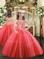 Halter Top Sleeveless Girls Pageant Dresses Floor Length Appliques Coral Red Tulle