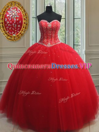 Sleeveless Floor Length Beading Lace Up 15th Birthday Dress with Red