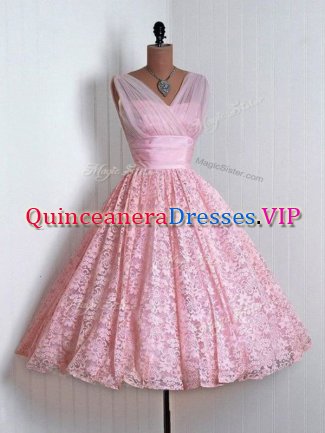 Customized Sleeveless Lace Mini Length Lace Up Quinceanera Court of Honor Dress in Baby Pink with Lace