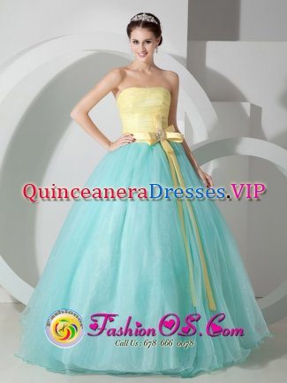 Crestview Hills Kentucky/KY Baby Blue and Yellow For Quinceanea Dress With Sash and Ruched Bodice