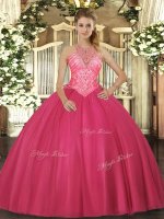 Hot Pink Ball Gowns Tulle High-neck Sleeveless Beading Floor Length Lace Up Quinceanera Dresses(SKU SJQDDT1217002-1BIZ)