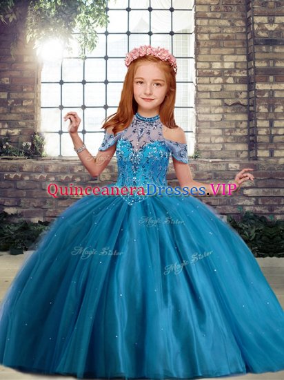 Custom Design High-neck Sleeveless Pageant Gowns For Girls Floor Length Beading Blue Tulle - Click Image to Close