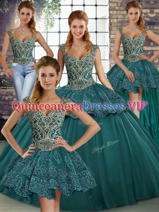 Most Popular Green Ball Gowns Tulle Straps Sleeveless Beading and Appliques Floor Length Lace Up Sweet 16 Dresses