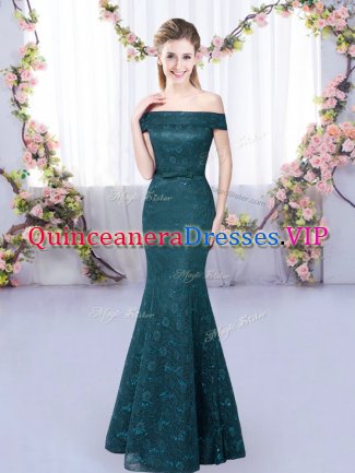 Shining Floor Length Lace Up Quinceanera Court of Honor Dress Peacock Green for Prom and Party and Wedding Party with Lace