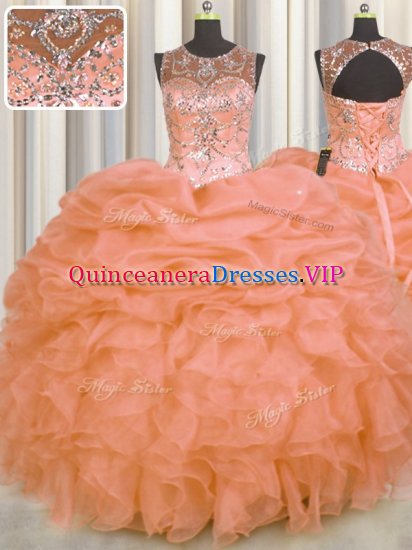 See Through Organza Sleeveless Floor Length Vestidos de Quinceanera and Beading and Ruffles and Pick Ups - Click Image to Close