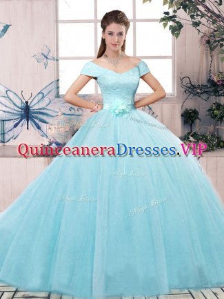 Aqua Blue Short Sleeves Floor Length Lace and Hand Made Flower Lace Up Quinceanera Dresses