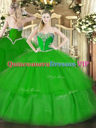 Beauteous Sleeveless Floor Length Beading and Ruffled Layers Lace Up Sweet 16 Dress with Green