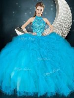 Colorful Halter Top Baby Blue Sleeveless Floor Length Beading and Ruffles Lace Up Quinceanera Gown