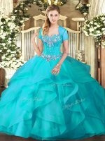 Designer Aqua Blue Sleeveless Beading and Ruffles Floor Length Court Dresses for Sweet 16(SKU SJQDDT1548002-3BIZ)