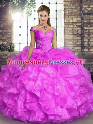 Floor Length Lace Up Ball Gown Prom Dress Lilac for Military Ball and Sweet 16 and Quinceanera with Beading and Ruffles