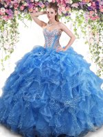 Romantic Mermaid Aqua Blue Lace Up Sweetheart Beading and Ruffles Sweet 16 Dresses Organza Sleeveless