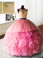 High Quality Scoop Rose Pink Sleeveless With Train Beading and Lace and Ruffles Zipper 15th Birthday Dress(SKU PSSW069-5BIZ)