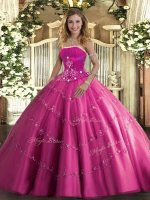 Hot Pink Ball Gowns Beading and Appliques Vestidos de Quinceanera Lace Up Tulle Sleeveless Floor Length(SKU SJQDDT1489002-3BIZ)
