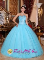 Sweetheart Beaded Decorate Pretty Baby Blue Quinceanera Dress Made In Tulle and Taffeta in Mission Hills CA