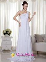 Lake Buena Vista FL Elegant White Column One Shoulder Brush Train Chiffon Beading and Ruch Quinceanera Dama Dress(SKU MLXN151BIZ)