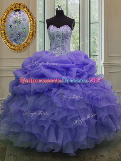 Suitable Lavender Sweet 16 Dress Military Ball and Sweet 16 and Quinceanera with Beading and Ruffles and Pick Ups Sweetheart Sleeveless Lace Up - Click Image to Close