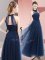 Vintage Navy Blue Tulle Lace Up Vestidos de Damas Sleeveless Floor Length Beading and Appliques
