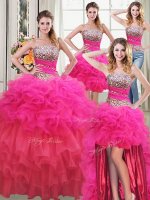 Glittering Four Piece Floor Length Multi-color Ball Gown Prom Dress Organza Sleeveless Beading and Ruffles and Ruffled Layers and Sequins