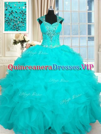 Captivating Floor Length Aqua Blue Quince Ball Gowns Straps Cap Sleeves Lace Up