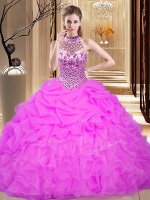 Elegant Halter Top Pick Ups Lilac Sleeveless Organza Lace Up Quince Ball Gowns for Military Ball and Sweet 16 and Quinceanera(SKU YSQD043-3BIZ)