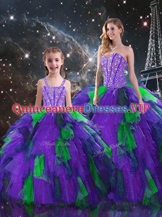 Floor Length Lace Up 15 Quinceanera Dress Multi-color for Military Ball and Sweet 16 and Quinceanera with Beading and Ruffles