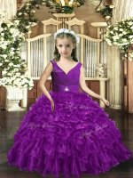 Eggplant Purple Backless Kids Pageant Dress Ruffles Sleeveless Floor Length