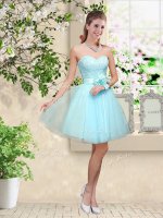 Aqua Blue Sleeveless Knee Length Lace and Belt Lace Up Quinceanera Court Dresses