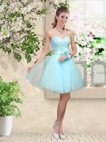Aqua Blue Sleeveless Knee Length Lace and Belt Lace Up Quinceanera Court Dresses(SKU BMT042C-1BIZ)