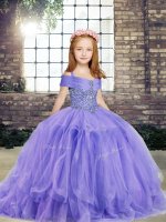 Discount Lavender Lace Up Little Girls Pageant Gowns Beading Sleeveless Floor Length